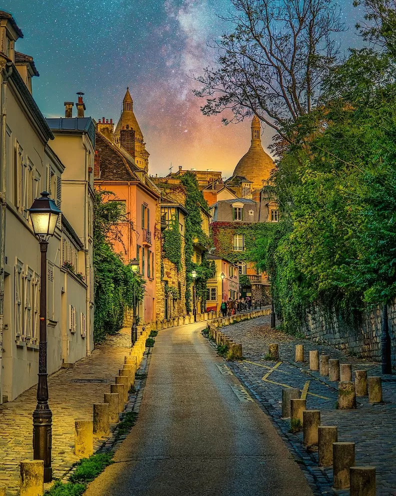 A charming road in Montmartre, Paris, at sunset