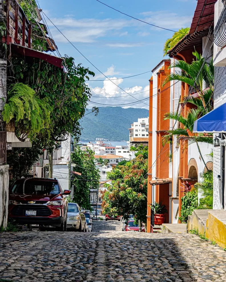 a charming, cobbled street in the main city of Puerto Vallarta