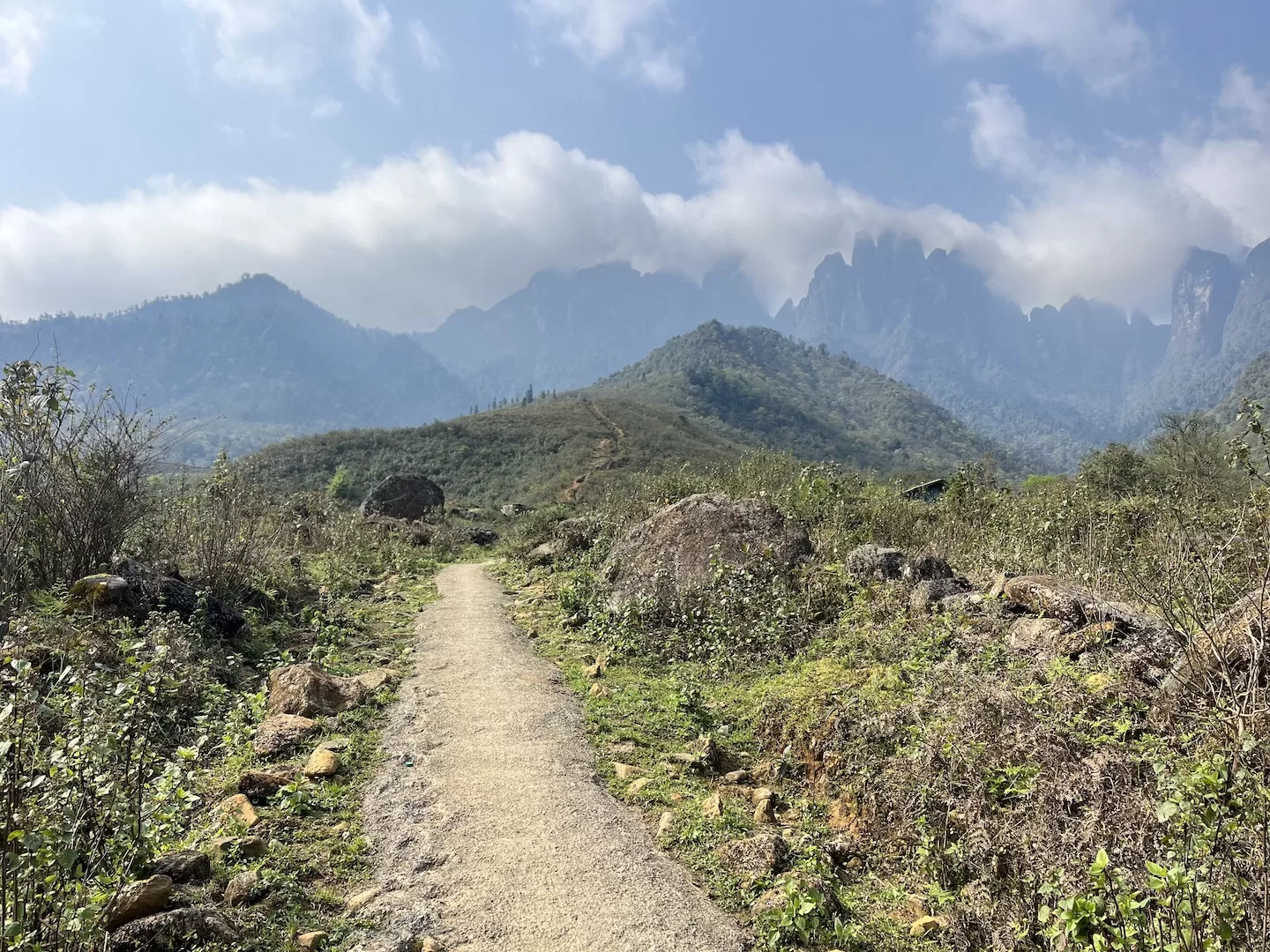 trail through greenery with mountain peaks poking up in the distance through clouds
