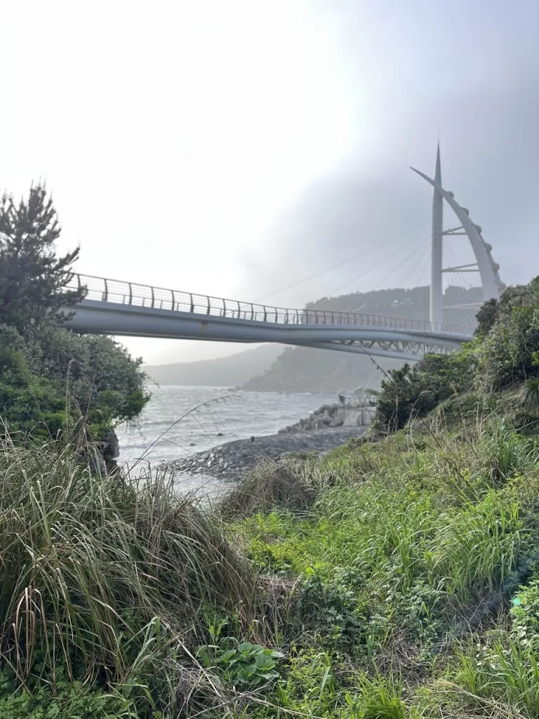 greenery in front of a sailboat shaped bridge leading to the mainland over rough sea and beneath a cloudy sky