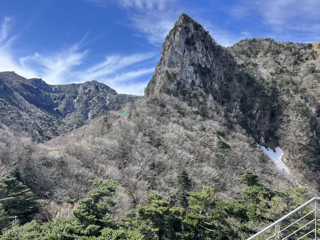 steep mountain peaks rising under a blue sky covered in greenery and fading patches of snow