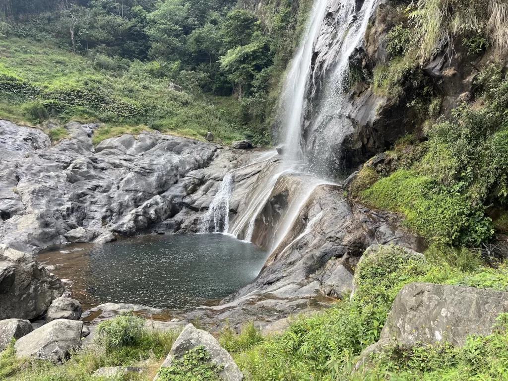 waterfall cascading down a rock wall into a natural pool surrounding by rock and greenery
