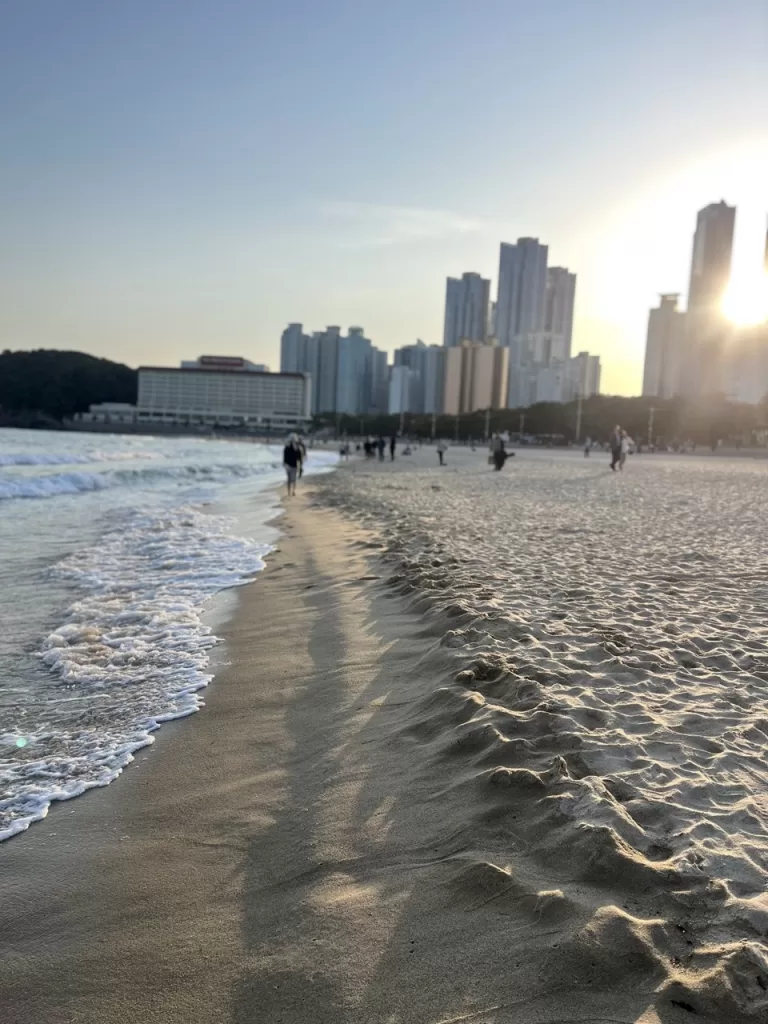 long, wide beach with skyscrapers and the setting sun in the background