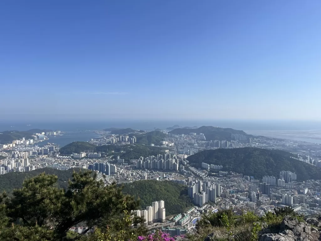 panoramic view of the city of Busan from a mountain with its white tall buildings, interspersed green mountains, and blue coast in the back.